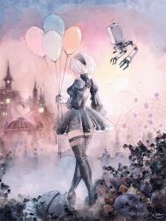 Rule 34 | 1girl, 2b (nier:automata), absurdres, amusement park, balloon, black dress, black footwear, black hairband, boots, commentary, dress, english commentary, floating, full body, gloves, hairband, high heel boots, high heels, highres, holding, holding balloon, lapetitedaudau, nier:automata, nier (series), non-humanoid robot, pod (nier:automata), puffy sleeves, robot, short hair, solo, standing, thigh boots, thighhighs, thighhighs under boots, white gloves, white hair