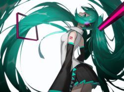 Rule 34 | 1girl, aqua necktie, arched back, belt, black skirt, breasts, collared shirt, covered mouth, cowboy shot, detached sleeves, floating hair, from side, green eyes, green hair, green necktie, grey shirt, hair ornament, hair over mouth, hatsune miku, headphones, highres, l crmsn, leaning back, long hair, looking at viewer, necktie, pleated skirt, profile, shirt, simple background, skirt, small breasts, solo, square, tie clip, twintails, very long hair, vocaloid, white background