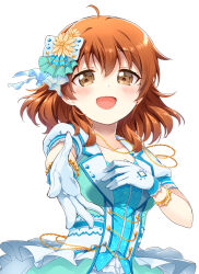 Rule 34 | 1girl, ahoge, araki hina, blush, bracelet, breasts, brown eyes, brown hair, collarbone, dot nose, flower, gloves, hair flower, hair ornament, hand on own chest, idolmaster, idolmaster cinderella girls, idolmaster cinderella girls starlight stage, jewelry, looking at viewer, medium breasts, messy hair, mitsuki meia, necklace, no eyewear, open hand, open mouth, reaching, reaching towards viewer, short hair, short sleeves, simple background, smile, solo, two-tone dress, upper body, white background, white gloves