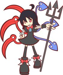 Rule 34 | 1girl, ahoge, asymmetrical wings, black hair, black thighhighs, bow, female focus, full body, hand on own hip, hip focus, houjuu nue, madou monogatari, parody, polearm, puyopuyo, puyopuyo fever, red eyes, ribbon, shoes, short hair, skirt, smile, solo, spear, style parody, thighhighs, touhou, transparent background, trident, weapon, wings, wrist cuffs, y&amp;k