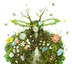 Rule 34 | 1girl, antlers, bug, butterfly, chrysanthemum, colored skin, flower, flower wreath, green hair, green skin, horns, insect, lily (flower), long hair, monaka (siromona), original, pointy ears, simple background, solo, upper body, white background