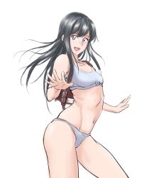 Rule 34 | 1girl, absurdres, aged up, asashio (kancolle), backpack, bag, black hair, blue eyes, bra, breasts, collarbone, commentary request, contrapposto, cowboy shot, grey bra, grey panties, highres, kantai collection, long hair, navel, open mouth, panties, randoseru, simple background, small breasts, smile, solo, sozan, sports bra, standing, underwear, underwear only, white background
