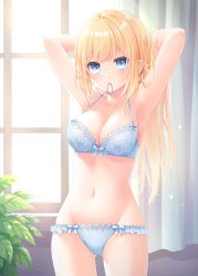 Rule 34 | 1girl, armpits, arms behind head, arms up, blonde hair, bloom, blue bra, blue eyes, blue panties, blush, bow, bow bra, bow panties, bra, breasts, collarbone, cowboy shot, curtains, frilled panties, frills, gluteal fold, hair tie, hair tie in mouth, highres, indoors, lace, lace-trimmed bra, lace-trimmed panties, lace trim, light particles, long hair, looking at viewer, medium breasts, morning, mouth hold, navel, original, panties, plant, solo, standing, stardrop, sunlight, tying hair, underwear, underwear only, window