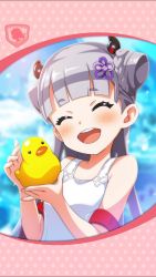 Rule 34 | 1girl, artist request, blush, braid, closed eyes, double bun, framed image, hair bun, hair ornament, hair ribbon, highres, long hair, official art, one-piece swimsuit, open mouth, phantom of the kill, ribbon, rubber duck, silver hair, smile, swimsuit, white one-piece swimsuit, yata no kagami