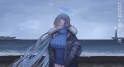 Rule 34 | 1girl, absurdres, alternate costume, asuna (blue archive), beach, blue archive, blue dress, blush, breasts, breath, brown hair, closed eyes, coat, covered navel, dress, floating hair, fur-trimmed coat, fur trim, hair over one eye, halo, hands in pockets, highres, horizon, huge breasts, lighthouse, long hair, long long life, one eye covered, ribbed dress, smile, solo, sweater, sweater dress, very long hair