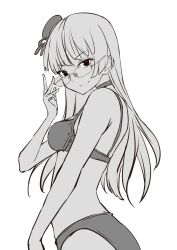 Rule 34 | 1girl, absurdres, beret, bikini, breasts, choker, choukai (kancolle), cowboy shot, glasses, greyscale, hat, highres, kantai collection, long hair, looking at viewer, medium breasts, mini hat, monochrome, neve (morris-minicooper), simple background, solo, swimsuit