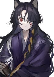 Rule 34 | 1girl, animal ears, arknights, black hair, blood, blood on face, braid, commentary request, dog ears, empty eyes, facial mark, forehead mark, gawako, hair over one eye, highres, japanese clothes, kimono, long hair, looking at viewer, parted lips, purple kimono, red eyes, ribbon, ribbon braid, saga (arknights), side braid, simple background, solo, upper body, white background, yellow ribbon
