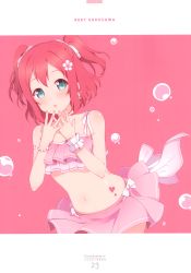 Rule 34 | 1girl, 6u (eternal land), :o, absurdres, aqua eyes, bikini, bikini skirt, blush, breasts, character name, halterneck, highres, kurosawa ruby, looking at viewer, love live!, love live! school idol festival, love live! sunshine!!, open mouth, pink background, pink theme, red hair, short hair, simple background, small breasts, solo, splashing, swimsuit, tattoo, two side up