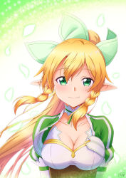 Rule 34 | 1girl, blonde hair, blush, braid, breasts, cleavage, collarbone, commentary request, elf, face, green eyes, hair ornament, highres, ken-ji, large breasts, leafa, long hair, looking at viewer, pointy ears, ponytail, puffy short sleeves, puffy sleeves, short sleeves, signature, smile, solo, sword art online, twin braids