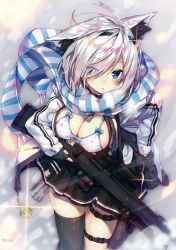 Rule 34 | 1girl, absurdres, animal ears, artist name, black gloves, blue eyes, blush, bra, breasts, cleavage, dog tags, fingerless gloves, fingernails, fur trim, gloves, gun, hair over one eye, headset, highres, holding, holster, jacket, large breasts, long sleeves, looking at viewer, melonbooks, open mouth, pale skin, pleated skirt, polka dot, polka dot bra, rifle, rozea (graphmelt), scan, scarf, scope, shiny clothes, shiny skin, silver hair, simple background, single thighhigh, skirt, solo, sparkle, striped, thigh holster, thighhighs, underwear, vertical stripes, weapon, winter clothes
