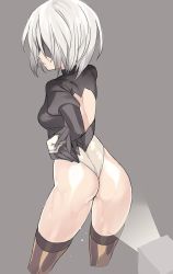 Rule 34 | 1girl, ass, blade (galaxist), blindfold, brown thighhighs, flashlight, gloves, grey background, hand on own hip, leotard, mole, mole under mouth, nier:automata, nier (series), simple background, solo, thighhighs, white hair, 2b (nier:automata)