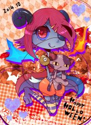 Rule 34 | 10s, 1girl, 2014, claws, dated, eyepatch, female focus, hair ornament, hairclip, halloween, happy halloween, heart, heart-shaped pupils, horns, licking lips, monster girl, original, red eyes, red hair, short hair, solo, star (symbol), stitches, stuffed animal, stuffed toy, symbol-shaped pupils, tail, tongue, tongue out