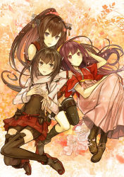 Rule 34 | 10s, 3girls, arm around neck, bike shorts, black legwear, boots, bow, breasts, brown eyes, brown hair, cross-laced footwear, detached sleeves, floral background, flower, full body, hair bow, hair flower, hair ornament, hakama, hakama skirt, headband, headgear, highres, japanese clothes, kamikaze (kancolle), kantai collection, kazabana fuuka, lace-up boots, long hair, looking at viewer, lying, meiji schoolgirl uniform, miniskirt, multiple girls, muneate, on back, open mouth, pink hakama, pleated skirt, ponytail, purple eyes, purple hair, red skirt, ribbon, serious, short hair, single thighhigh, skirt, small breasts, smile, taihou (kancolle), thighhighs, very long hair, yamato (kancolle), yellow ribbon