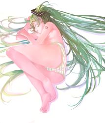 Rule 34 | 1girl, barefoot, closed eyes, feet, foreshortening, full body, green hair, hatsune miku, highres, long hair, lying, on side, panties, simple background, sleeping, solo, striped clothes, striped panties, toes, topless, twintails, underwear, very long hair, vocaloid, white background, zrero