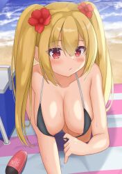 Rule 34 | 1girl, :/, absurdres, arihara nanami, bare arms, beach, bikini, black bikini, blanket, blonde hair, blush, breasts, cleavage, closed mouth, collarbone, commentary request, day, eyelashes, eyes visible through hair, flower, hair between eyes, hair flower, hair ornament, halterneck, highres, kneeling, large breasts, leaning forward, long hair, looking at viewer, nako maguro2501, nipple slip, nipples, ocean, official alternate costume, outdoors, partial commentary, red eyes, red flower, riddle joker, sidelighting, solo, sparkle, sweat, swimsuit, twintails, upper body