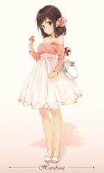 Rule 34 | 10s, 1girl, alternate costume, bag, brown hair, character name, dress, drill hair, flower, hair flower, hair ornament, harukaze (kancolle), holding, holding flower, kantai collection, long sleeves, malachite, off shoulder, open mouth, pink dress, pink flower, red eyes, shadow, shoes, short hair, solo, twin drills