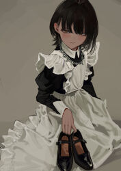 Rule 34 | 1girl, apron, black footwear, black hair, black shirt, brown eyes, chain necklace, closed mouth, collared shirt, full body, grey background, hair intakes, holding, holding shoes, jewelry, kn rookie, long sleeves, looking down, maid, maid apron, mary janes, medium hair, necklace, original, shirt, shoes, simple background, solo, unworn shoes, white apron, white shirt