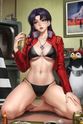 Rule 34 | 1girl, 2023, artist name, barefoot, beer can, bikini, bird, black bikini, breasts, brown eyes, can, cleavage, cross, cross necklace, curvy, drink can, earrings, the end of evangelion, facial scar, feet, female focus, greek cross, highres, holding, holding can, jacket, jewelry, katsuragi misato, knees apart feet together, large breasts, legs, lips, long hair, looking to the side, meme, navel, necklace, neon genesis evangelion, parted lips, penguin, penpen, purple hair, red jacket, scar, scar on cheek, scar on face, sciamano240, side-tie bikini bottom, signature, solo, stomach, stud earrings, swimsuit, television, thighs, thong, toes, toned, underboob