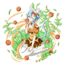Rule 34 | 10s, 1girl, animal ears, apple, blue eyes, blue hair, bow, breasts, cat ears, cat tail, choker, cleavage, collarbone, food, fruit, full body, hair between eyes, hair bow, hair ribbon, hand on lap, highres, holding, holding food, holding fruit, kneeling, looking at viewer, one eye closed, orange shirt, red bow, red ribbon, ribbon, shirt, short hair with long locks, short sleeves, sidelocks, simple background, sinon, sinon (sao-alo), skirt, small breasts, solo, sword art online, tail, thighhighs, white background, white thighhighs