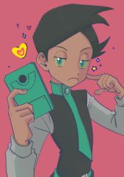 Rule 34 | 1boy, belt, buttons, closed mouth, commentary request, creatures (company), frown, game freak, green belt, green eyes, green hair, green necktie, half-closed eyes, hands up, heart, holding, ivib, korean commentary, male focus, necktie, nintendo, pink background, pokemon, pokemon dppt, pokemon platinum, shirt, solo, sparkle, star (symbol), thorton (pokemon), upper body