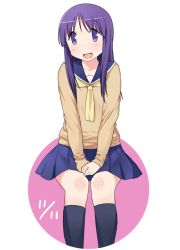 Rule 34 | 1girl, :d, black socks, blue sailor collar, blue skirt, blush, brown cardigan, cardigan, circle, commentary request, cropped legs, dated, happy, hinata yukari, invisible chair, katatsuka kouji, kneehighs, long hair, long sleeves, looking at viewer, miniskirt, neckerchief, open mouth, own hands together, purple eyes, purple hair, sailor collar, school uniform, serafuku, simple background, sitting, skirt, smile, socks, solo, v arms, white background, yellow neckerchief, yuyushiki, yuyushiki&#039;s school uniform