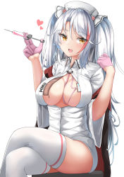 Rule 34 | 1girl, :d, absurdres, azur lane, blush, breasts, brown eyes, center opening, cosplay, cross, crossed legs, feet out of frame, gloves, hair between eyes, half gloves, hat, heart, highres, holding, holding syringe, id card, iron cross, large breasts, long hair, looking at viewer, mole, moyoron, multicolored hair, nurse, nurse cap, open mouth, perseus (azur lane), perseus (azur lane) (cosplay), perseus (unfamiliar duties) (azur lane), pink gloves, pink hair, prinz eugen (azur lane), red hair, silver hair, simple background, sitting, smile, solo, streaked hair, syringe, thighhighs, thighs, twintails, two side up, very long hair, white background, white hat, white thighhighs
