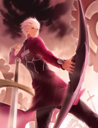 Rule 34 | 1boy, aile (crossroads), archer (fate), bow (weapon), fate/stay night, fate (series), gears, male focus, planted sword, planted, solo, sword, unlimited blade works (fate), weapon, white hair
