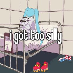 Rule 34 | 1girl, aqua hair, asylum (location), bed, character name, clipboard, commentary, english text, facing away, from behind, hatsune miku, hospital bed, indoors, just a cabbage, long hair, meme, mesmerizer (vocaloid), on bed, padded walls, photo-referenced, pillow, red footwear, roller skates, shoes, sitting, skates, solo, straitjacket, twintails, unworn headwear, unworn shoes, visor cap, vocaloid