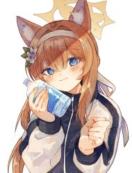 Rule 34 | 1girl, animal ear fluff, animal ears, blue archive, blue eyes, bottle, bottle to cheek, cat ears, clenched hand, closed mouth, double-parted bangs, flower, hair between eyes, hair flower, hair intakes, hair ornament, hair ribbon, halo, hands up, highres, holding, holding bottle, jacket, long sleeves, looking at viewer, mari (blue archive), mari (track) (blue archive), naoton, official alternate costume, orange hair, ribbon, simple background, solo, track jacket, upper body, water bottle, white background, white ribbon, yellow halo
