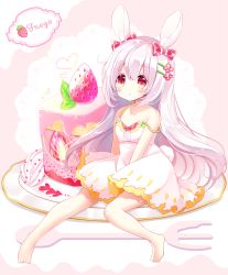 Rule 34 | 1girl, :o, animal ear fluff, animal ears, bare arms, bare shoulders, barefoot, blush, bow, cake, cake slice, collarbone, commentary request, dress, flower, food, fork, fruit, full body, hair between eyes, hair bow, hair flower, hair ornament, hairclip, heart, long hair, looking at viewer, mini person, minigirl, original, parted lips, pink background, rabbit ears, rabbit girl, rabbit tail, red bow, red eyes, red flower, saucer, shikito (yawa0w0), silver hair, sitting, sleeveless, sleeveless dress, solo, strap slip, strawberry, tail, translation request, two-tone background, very long hair, white background, white dress