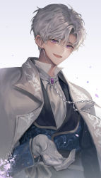 Rule 34 | 1boy, :d, bishounen, brooch, earrings, gloves, grey hair, grey neckwear, helio niccolo, highres, jewelry, looking at viewer, male focus, micha, open mouth, purple eyes, short hair, simple background, smile, upper body, white background, white gloves, your throne