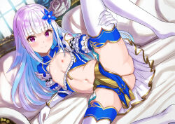 1girl ass ata_(tsumari) bed blue_flower blue_hair blush breast_cutout breasts breasts_out clothing_cutout flat_chest flower gloves grabbing_own_thigh grey_hair highres lize_helesta lize_helesta_(valkyrie_hero) looking_at_viewer multicolored_hair navel navel_cutout nijisanji nipples no_panties on_bed pelvic_curtain pillow purple_eyes smile solo spread_legs thighhighs two-tone_hair virtual_youtuber white_gloves white_thighhighs