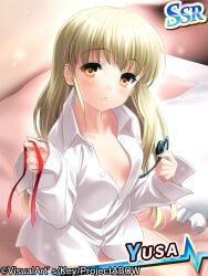 Rule 34 | 1girl, alternate hairstyle, angel beats!, blonde hair, breasts, character name, cleavage, collarbone, commentary request, copyright name, day, dress shirt, earpiece, eyelashes, eyes visible through hair, hair between eyes, hair down, head tilt, holding, holding ribbon, indoors, light blush, light particles, lips, long hair, looking at viewer, naked shirt, no bra, on bed, orange eyes, parted lips, red ribbon, ribbon, shiny skin, shirt, sitting, sleeves past wrists, small breasts, solo, very long hair, wariza, white shirt, yusa (angel beats!), zen (kamuro)