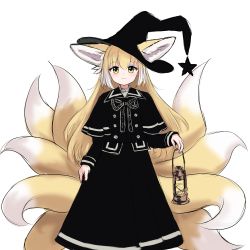 Rule 34 | 1girl, absurdres, animal ear fluff, animal ears, arknights, black capelet, black dress, black hat, blonde hair, blush, capelet, closed mouth, dress, ears through headwear, fox ears, fox girl, fox tail, green eyes, hair between eyes, hat, highres, holding, holding lantern, kitsune, kyuubi, lantern, long hair, looking at viewer, multiple tails, rylaera, simple background, smile, solo, star (symbol), suzuran (arknights), tail, tilted headwear, very long hair, white background, witch hat