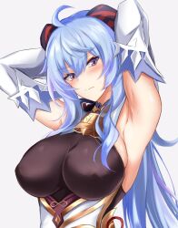 Rule 34 | 1girl, ahoge, armpits, arms behind head, arms up, bare shoulders, blue hair, blush, bodystocking, breasts, commentary request, ganyu (genshin impact), genshin impact, grey background, hair between eyes, head tilt, high-waist skirt, highres, horns, large breasts, long hair, looking at viewer, purple eyes, simple background, skirt, solo, sweat, upper body, very long hair, watarase piro, white skirt