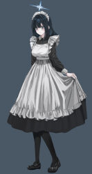 Rule 34 | 1girl, absurdres, alternate costume, apron, bags under eyes, black dress, black footwear, black hair, black pantyhose, blue archive, blue hair, breasts, commentary, dress, enmaided, expressionless, full body, grey background, grey eyes, halo, highres, looking at viewer, maid, maid headdress, medium breasts, pantyhose, sakuyasanprprp, saori (blue archive), simple background, skirt hold, solo, standing, white apron