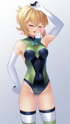 Rule 34 | 1girl, absurdres, akatsuki kirika, arm up, blonde hair, blush, breasts, closed eyes, cover, elbow gloves, facing viewer, gloves, green leotard, highleg, highleg leotard, highres, leotard, medium breasts, nyanmaru, open mouth, senki zesshou symphogear, shiny skin, short hair, skin tight, solo, standing, striped clothes, striped thighhighs, thighhighs