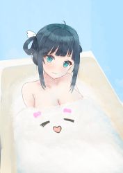 Rule 34 | 1girl, absurdres, ahoge, amano nene (vtuber), aqua eyes, bathing, bathtub, blue hair, blush, breasts, closed mouth, hair rings, highres, large breasts, looking at viewer, nude, production kawaii, self-upload, short hair, sitting, smile, soap bubbles, solo, steam, swept bangs, upper body, virtual youtuber, wall, water