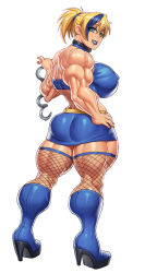 Rule 34 | 1girl, back, birthmark, blonde hair, blue eyes, breasts, cuffs, extreme muscles, female focus, fishnets, handcuffs, high heels, highres, large breasts, lipstick, looking at viewer, makeup, muscular, muscular female, nail polish, piercing, solo, speh