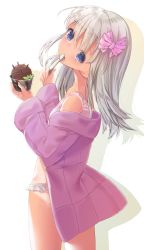 Rule 34 | 1girl, bikini, bikini under clothes, blush, breasts, food, from behind, hair ornament, hair ribbon, highres, ice cream, jacket, kanae (inorin05kanae), kantai collection, long hair, long sleeves, looking at viewer, looking back, official alternate costume, one-piece tan, ribbon, ro-500 (kancolle), simple background, smile, solo, swimsuit, swimsuit under clothes, tan, tanline, utensil in mouth, white background, white hair