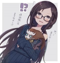Rule 34 | !?, 1boy, 1girl, bare shoulders, black-framed eyewear, black hair, blue eyes, blush, bra strap, brown eyes, centaur, chibi, crossed arms, dutch angle, fang, fate/grand order, fate (series), glasses, highres, horns, long hair, looking at viewer, off shoulder, open mouth, parted bangs, pinstripe pattern, ribbed sweater, sidelocks, sleeves past wrists, standing, striped, sweater, taur, totatokeke, translation request, v-shaped eyebrows, very long hair, xiang yu (fate), yu mei-ren (fate), yu mei-ren (first ascension) (fate)