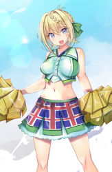 Rule 34 | 1girl, absurdres, alternate costume, blonde hair, blue skirt, braid, braided bangs, braided bun, breasts, cheerleader, commentary request, crop top, hair bun, highres, holding, holding pom poms, kantai collection, long hair, looking at viewer, medium breasts, midriff, perth (kancolle), pleated skirt, pom pom (cheerleading), pom poms, purple eyes, skirt, solo, yashin (yasinz)