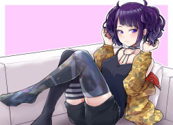 Rule 34 | 1girl, absurdres, ass, asymmetrical legwear, black shirt, black shorts, black thighhighs, blush, breasts, camouflage, camouflage jacket, choker, closed mouth, collarbone, couch, cushion, diagonal bangs, earrings, highres, hoop earrings, idolmaster, idolmaster shiny colors, jacket, jewelry, looking at viewer, medium breasts, mismatched legwear, off shoulder, pink background, print thighhighs, purple eyes, purple hair, shirt, short twintails, shorts, simple background, sitting, sleeveless, sleeveless shirt, solo, striped clothes, striped thighhighs, tanaka mamimi, thighhighs, tokufumi, twintails