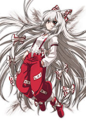 Rule 34 | 1girl, anime coloring, bad id, bad pixiv id, boots, bow, dress shirt, female focus, fujiwara no mokou, full body, hair bow, hand in pocket, hands in pockets, ichihara2929, long hair, pants, red eyes, shirt, shoes, silver hair, solo, suspenders, touhou, very long hair