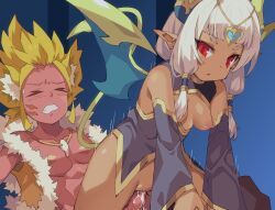 Rule 34 | 1boy, 1girl, blonde hair, blue background, blue wings, blunt bangs, blush, breasts, breasts out, censored, character request, clenched teeth, closed eyes, colored skin, commentary request, cowboy shot, cum, cum in pussy, cum overflow, dark-skinned female, dark skin, demon girl, demon tail, detached sleeves, girl on top, gold trim, grey sleeves, hair tubes, haitenai rpg, hetero, highres, jewelry, long hair, magatama, magatama necklace, mosaic censoring, necklace, nipples, open mouth, penis, pink skin, pointy ears, pussy, red eyes, reverse cowgirl position, sex, sex from behind, short bangs, small breasts, spiked hair, straddling, tail, teeth, toned, toned male, tsudero, vaginal, white hair, wings