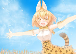 Rule 34 | 10s, 1girl, animal ears, artist request, bad id, bad pixiv id, blonde hair, blue sky, breasts, cloud, day, detached sleeves, inukoro (spa), kemono friends, looking at viewer, medium breasts, neck ribbon, open mouth, outdoors, outstretched arms, ribbon, serval (kemono friends), serval print, serval tail, short hair, skirt, sky, smile, solo, tail, yellow eyes
