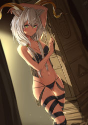 Rule 34 | 1girl, animal ears, arknights, arm up, backlighting, bare arms, bare shoulders, beeswax (arknights), black bra, black panties, black ribbon, bra, breasts, cleavage, closed mouth, collarbone, frown, goat ears, goat horns, gold trim, green eyes, horns, leg ribbon, lingerie, long hair, looking at viewer, medium breasts, multi-strapped panties, navel, nev (nevblindarts), o-ring, o-ring bottom, o-ring panties, panties, ribbon, silver hair, solo, stomach, string panties, thighs, underwear, underwear only