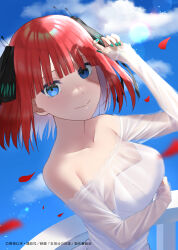Rule 34 | 1girl, blue nails, blunt bangs, breasts, cleavage, closed mouth, collarbone, day, dress, falling petals, faton, go-toubun no hanayome, highres, large breasts, looking at viewer, medium hair, nakano nino, petals, red hair, rose petals, smile, solo, standing, upper body, wedding dress, white dress