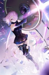 Rule 34 | 1girl, absurdres, armor, armored boots, armored leotard, black leotard, black thighhighs, boots, breasts, breasts apart, closed mouth, dutch angle, elbow gloves, fate/grand order, fate (series), faulds, floating hair, gloves, hair over one eye, highres, holding, holding shield, leg up, leotard, level02, looking at viewer, mash kyrielight, medium breasts, pink eyes, pink hair, purple gloves, shield, short hair, solo, standing, standing on one leg, thigh boots, thigh strap, thighhighs