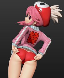 Rule 34 | 10s, 1girl, adjusting buruma, adjusting clothes, arms behind back, ass, bare legs, beret, buruma, buruma pull, clothes pull, female focus, from side, hat, hat feather, highres, jacket, jakuzure nonon, kill la kill, leaning forward, long sleeves, looking at viewer, looking back, pink eyes, pink hair, simple background, single vertical stripe, skull print, smile, solo, standing, standing on one leg, track jacket
